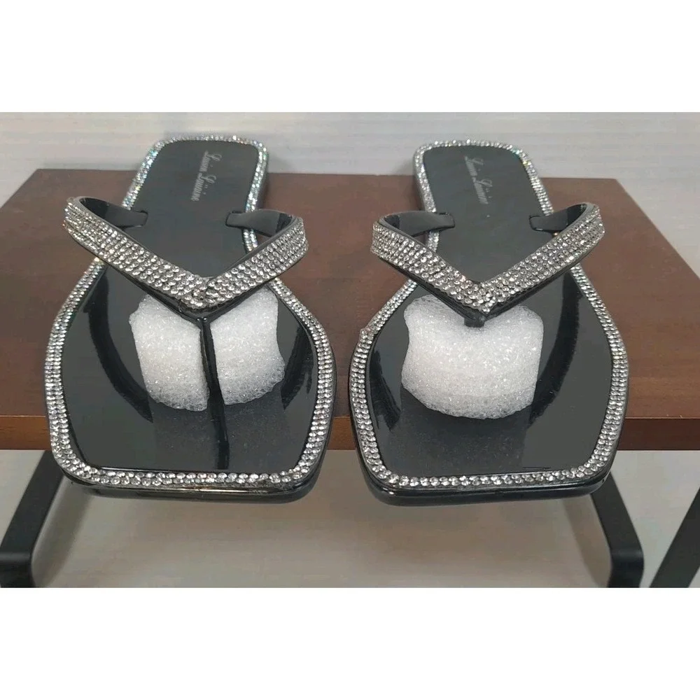 NIB Lauren‎ Lorraine Tampa Flip Flops Black Size 7 Rhinestone Dressy Sandals